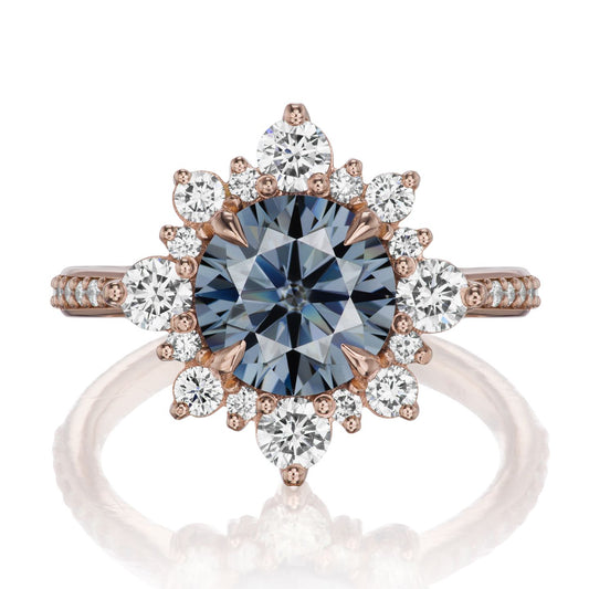 ::color_rose ::shank_halfway_three-quarters ::shank_three-quarters_halfway_no ::| 2.52ctw+ round grey moissanite engagement ring Reyna rose gold diamond shank front view