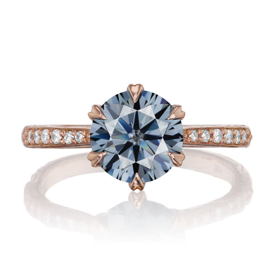 ::color_rose ::| 2ctw round grey moissanite engagement ring Camille rose gold diamond shank front view