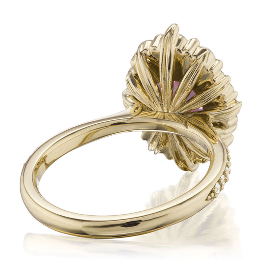::color_yellow ::shank_halfway ::shank_three-quarters_halfway_no ::| 3.25ctw+ round peach sapphire engagement ring Emerson yellow gold diamond shank back view