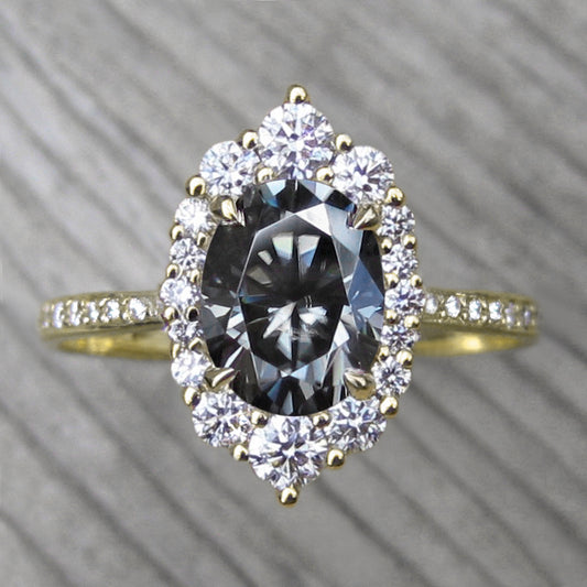 <center><strong>・SOFIA・</strong><br></center> Oval Iconic™ Grey Moissanite, Diamond Halo & Band (2.03ct+)