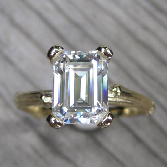 14k Yellow Gold Emerald Cut Forever One Moissanite Twig Engagement Ring; 1.75carat