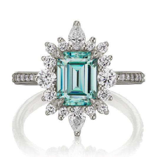 ::color_white ::shank_halfway_three-quarters ::shank_three-quarters_halfway_no ::| 2.33ctw+ emerald cut aqua-teal moissanite engagement ring Talia white gold diamond shank front view