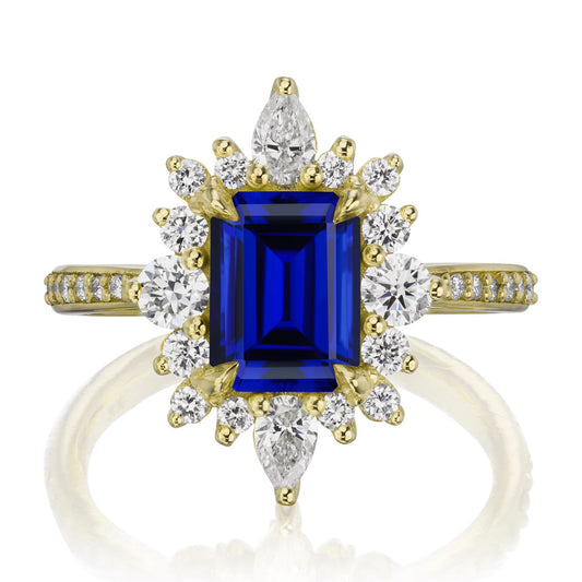 ::color_yellow ::shank_halfway_three-quarters ::shank_three-quarters_halfway_no ::| 2.68ctw+ emerald cut blue sapphire engagement ring Talia yellow gold diamond shank front view