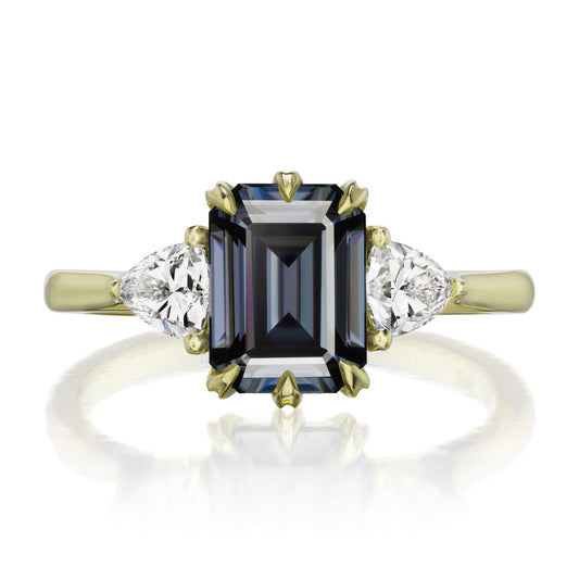 ::color_yellow ::| 2.17ctw emerald cut grey moissanite three stone engagement ring Avery yellow gold trillion diamonds front view