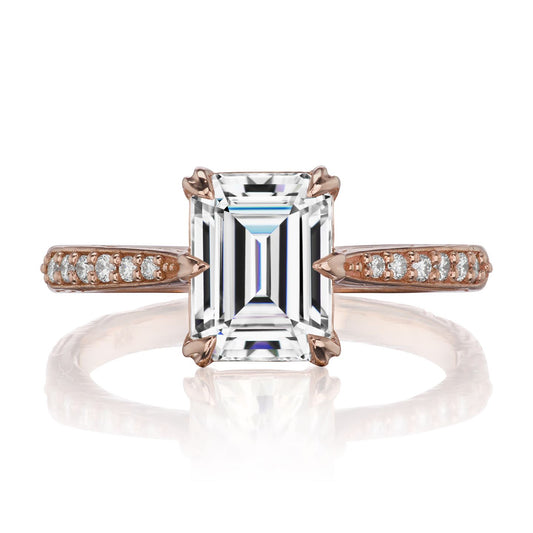 ::color_rose ::| 1.75ctw emerald cut moissanite engagement ring Naomi rose gold diamond shank front view