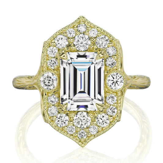 ::color_yellow ::| 2.30ctw emerald cut moissanite diamond halo engagement ring Estella yellow gold front view