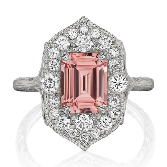 ::color_white ::| 2.65ctw emerald cut peach sapphire diamond halo engagement ring Estella white gold front view
