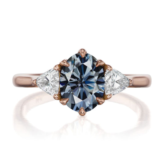 ::color_rose ::| 1.92ctw oval grey moissanite three stone engagement ring Juno rose gold trillion diamonds front view