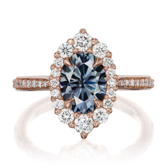 ::color_rose ::shank_halfway_three-quarters ::shank_three-quarters_halfway_no ::| 1.93ctw+ oval grey moissanite engagement ring Sofia rose gold diamond shank front view