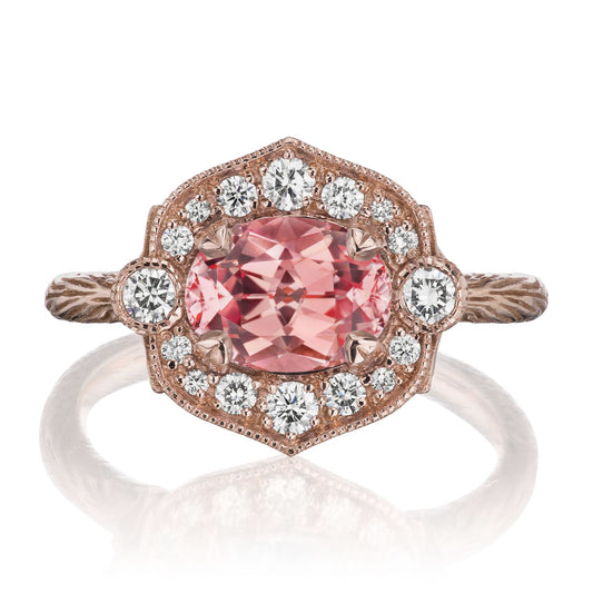 ::color_rose ::| 2.11ctw oval peach sapphire diamond halo engagement ring Lillian rose gold front view