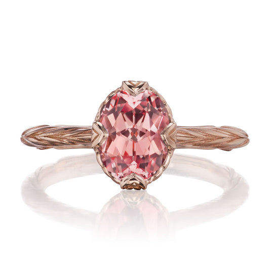 ::color_rose ::| 1.75ctw oval peach sapphire solitaire engagement ring Olivia rose gold front view