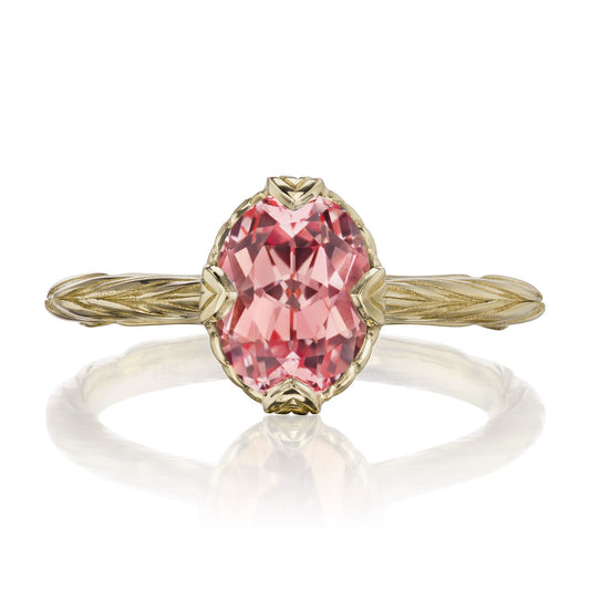 ::color_yellow ::| 1.75ctw oval peach sapphire solitaire engagement ring Olivia yellow gold front view