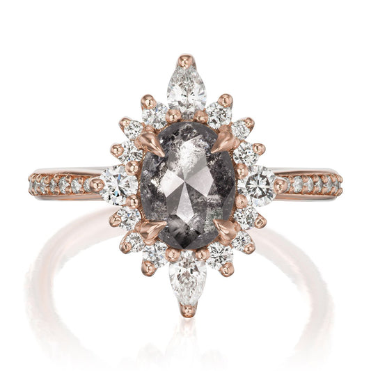 ::color_rose ::shank_halfway_three-quarters ::shank_three-quarters_halfway_no ::| 1.39ctw - 2.15ctw+ oval salt + pepper diamond engagement ring Anika rose gold diamond shank front view