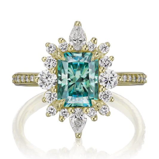 ::color_yellow ::shank_halfway_three-quarters ::shank_three-quarters_halfway_no ::| 2.38ctw+ radiant aqua-teal moissanite engagement ring Talia yellow gold diamond shank front view