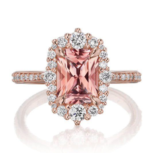 ::color_rose ::shank_halfway_three-quarters ::shank_three-quarters_halfway_no ::| 2.31ctw+ radiant peach sapphire engagement ring Adeline rose gold diamond shank front view