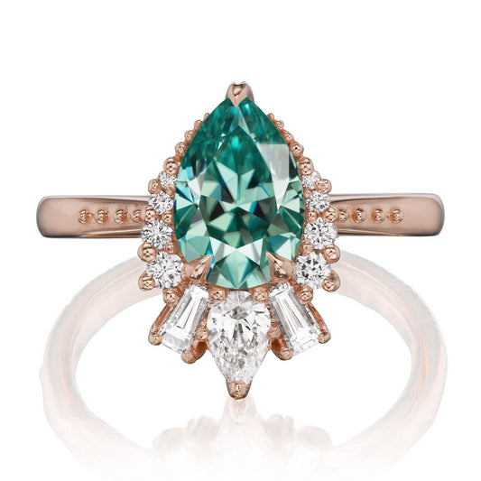 ::color_rose ::shank_no ::shank_three-quarters_halfway_no ::| 1.81ctw+ pear aqua-teal moissanite engagement ring with diamond accents Artemis rose gold front view