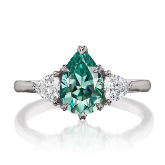 ::color_white ::| 1.92ctw pear aqua-teal moissanite three stone engagement ring Brynn white gold trillion diamonds front view