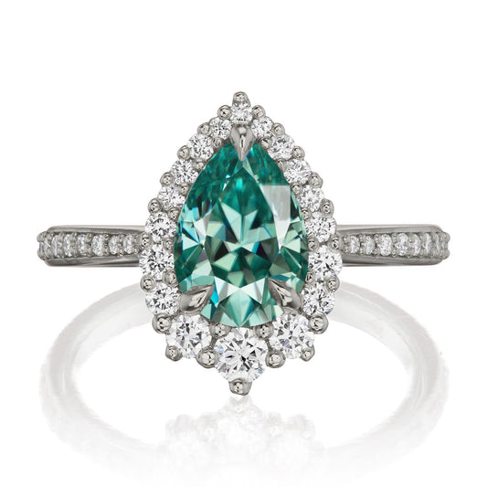 ::color_white ::shank_halfway_three-quarters ::shank_three-quarters_halfway_no ::| 1.83ctw+ pear aqua-teal moissanite engagement ring Celeste white gold diamond shank front view