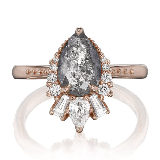 ::color_rose ::shank_no ::shank_three-quarters_halfway_no ::| 1.41ctw - 1.94ctw+ pear salt + pepper diamond engagement ring Artemis rose gold plain band front view