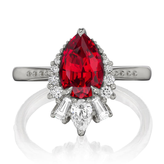 ::color_white ::shank_no ::shank_three-quarters_halfway_no ::| 2.21ctw+ pear ruby engagement ring with diamond accents Artemis white gold front view