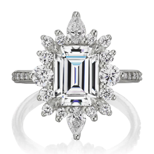 ::color_white ::shank_halfway_three-quarters ::shank_three-quarters_halfway_no ::| 3.35ctw+ emerald cut moissanite engagement ring Talia white gold diamond shank front view