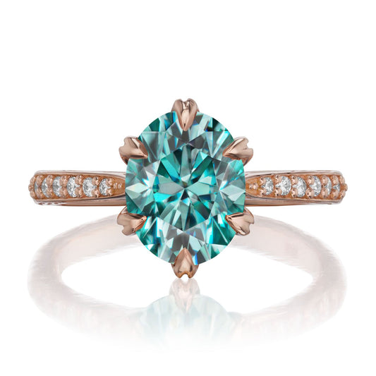 ::color_rose ::| 2.1ctw oval aqua-teal moissanite engagement ring Layla rose gold diamond shank front view
