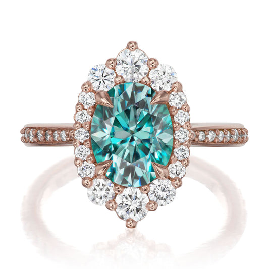 ::color_rose ::shank_halfway_three-quarters ::shank_three-quarters_halfway_no ::| 2.65ctw+ oval aqua-teal moissanite engagement ring Sofia rose gold diamond shank front view