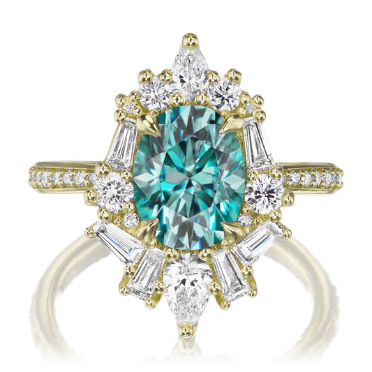 ::color_yellow ::shank_halfway_three-quarters ::shank_three-quarters_halfway_no  ::| 2.80ctw+ oval aqua-teal moissanite engagement ring Nyx yellow gold diamond shank front view