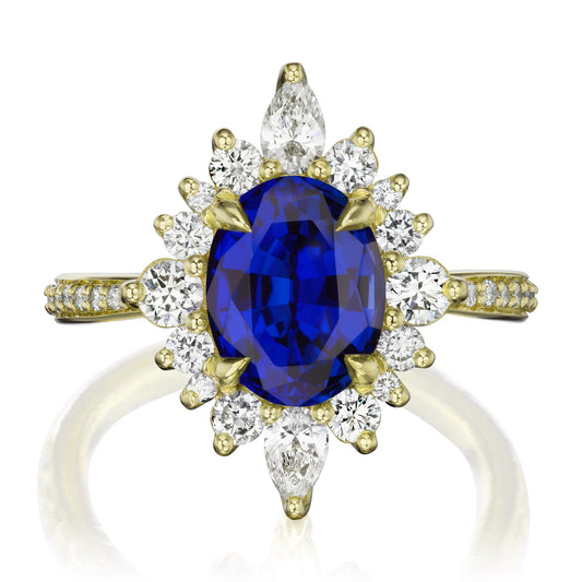 ::color_yellow ::shank_halfway_three-quarters ::shank_three-quarters_halfway_no ::| 3.35ctw+ oval blue sapphire engagement ring Anika yellow gold diamond shank front view