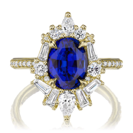 ::color_yellow ::shank_halfway_three-quarters ::shank_three-quarters_halfway_no ::| 3.4ctw+ oval blue sapphire engagement ring Nyx yellow gold diamond shank front view