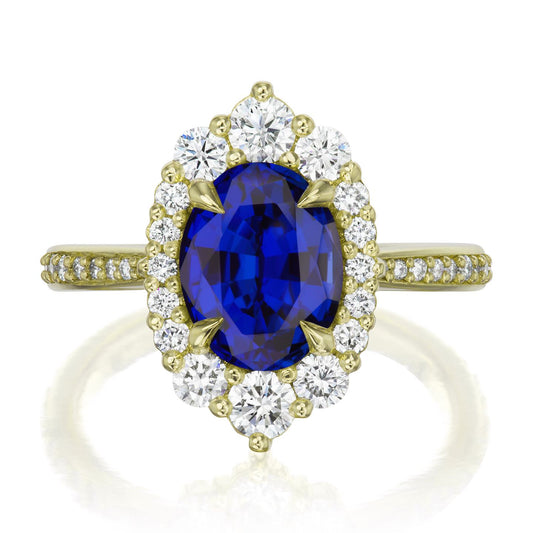 ::color_yellow ::shank_halfway_three-quarters ::shank_three-quarters_halfway_no ::| 3.25ctw+ oval blue sapphire engagement ring Sofia yellow gold diamond shank front view