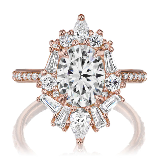 ::color_rose ::shank_halfway_three-quarters ::shank_three-quarters_halfway_no ::| 2.80ctw+ oval moissanite engagement ring Nyx rose gold diamond shank front view