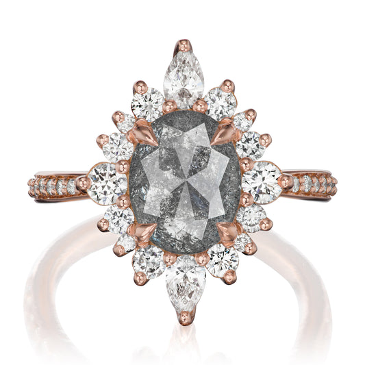 ::color_rose ::shank_halfway_three-quarters ::shank_three-quarters_halfway_no ::| 1.93ct - 2.72ctctw+ oval salt + pepper diamond engagement ring Anika rose gold diamond shank front view