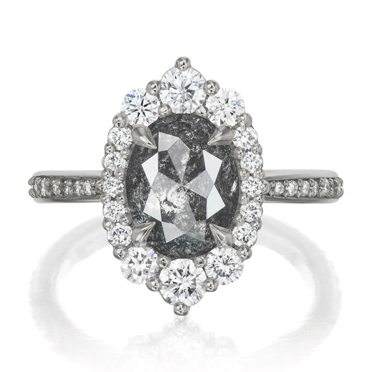 ::color_white ::shank_halfway_three-quarters ::shank_three-quarters_halfway_no ::| 1.83ctw - 2.62ctw+ oval salt + pepper diamond engagement ring Sofia white gold diamond band front view