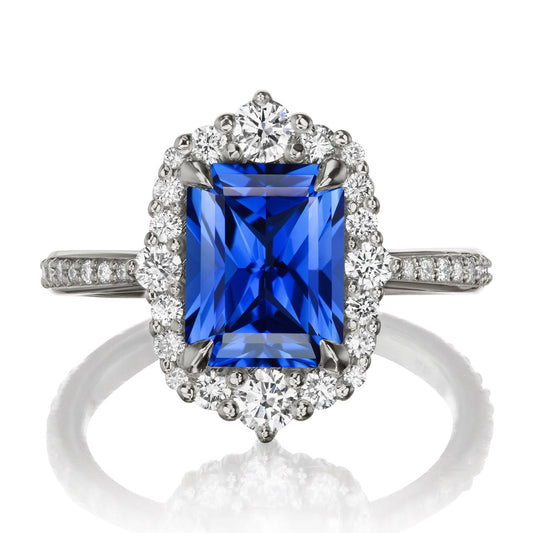 ::color_white ::shank_halfway_three-quarters ::shank_three-quarters_halfway_no ::| 3.38ctw+ radiant blue sapphire engagement ring Adeline white gold diamond shank front view
