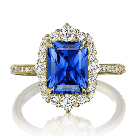 ::color_yellow ::shank_halfway_three-quarters ::shank_three-quarters_halfway_no ::| 3.38ctw+ radiant blue sapphire engagement ring Adeline yellow gold diamond shank front view