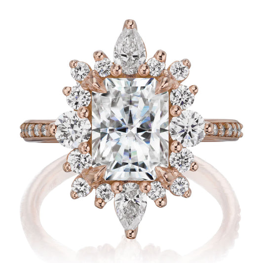 ::color_rose ::shank_halfway_three-quarters ::shank_three-quarters_halfway_no ::| 3.55ctw+ radiant moissanite engagement ring Talia rose gold diamond shank front view