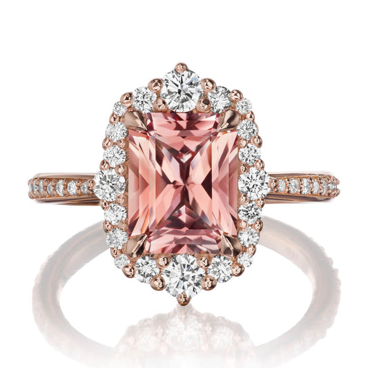 ::color_rose ::shank_halfway_three-quarters ::shank_three-quarters_halfway_no ::| 3.38ctw+ radiant peach sapphire engagement ring Adeline rose gold diamond shank front view