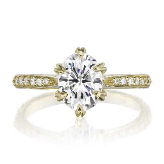 ::color_yellow ::| 1.5ctw oval moissanite engagement ring Layla yellow gold diamond shank front view