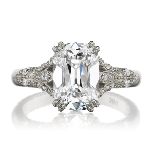 ::color_white ::| Florence Edwardian styled 3ct old mine cut lab-grown cushion diamond engagement ring with milgrain and diamond accents in white gold front view