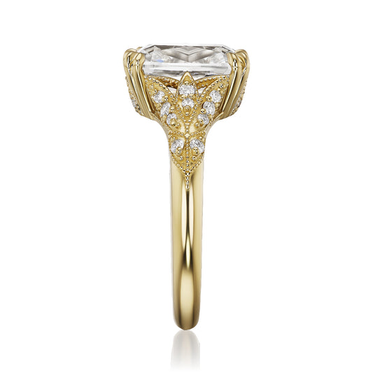 ::color_yellow ::| Florence Edwardian styled 3ct old mine cut lab-grown cushion diamond engagement ring with milgrain and diamond accents in yellow gold standing side view