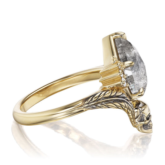 ::color_yellow ::| 2.61ctw pear rose cut salt and pepper diamond engagement ring with a skull and leaf motif and diamond accents yellow gold side view