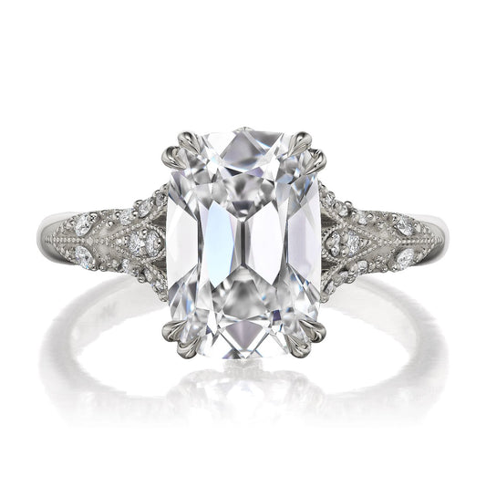 ::color_white ::| Florence Edwardian styled 4ct old mine cut lab-grown cushion diamond engagement ring with milgrain and diamond accents in white gold front view
