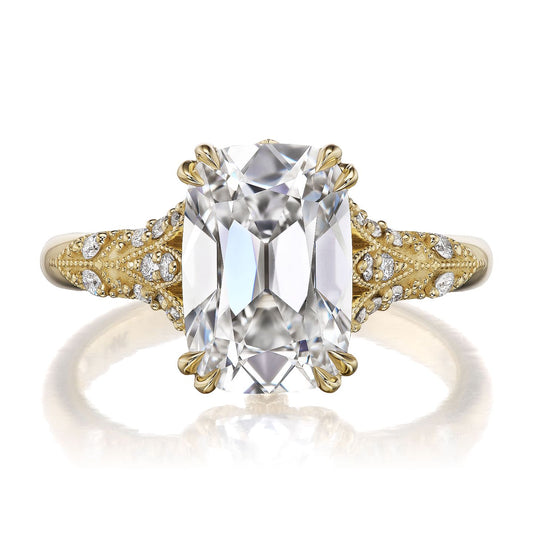 ::color_yellow ::| Florence Edwardian styled 4ct old mine cut lab-grown cushion diamond engagement ring with milgrain and diamond accents in yellow gold front view