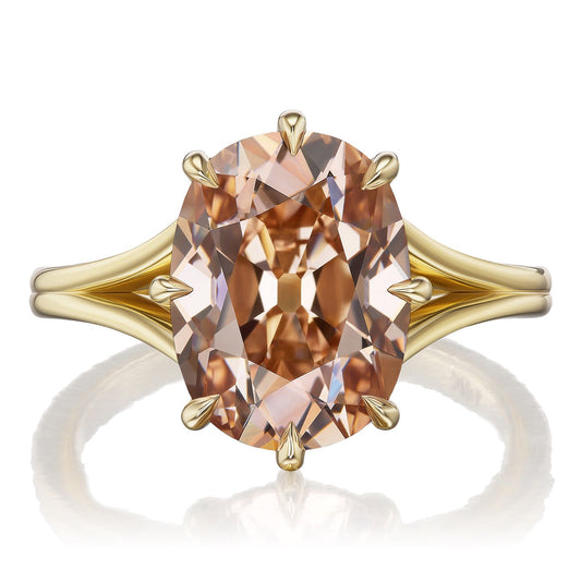 ::color_yellow ::| Ophelia 5ct Old Mine Cut cushion lab-grown champagne diamond solitaire engagement ring with a split shank in yellow gold front view