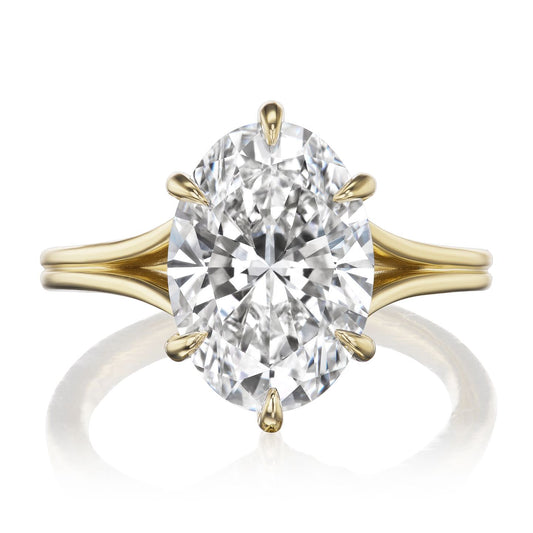 ::color_yellow ::| 4ct oval lab-grown diamond ring yellow gold split shank with hidden halo front view