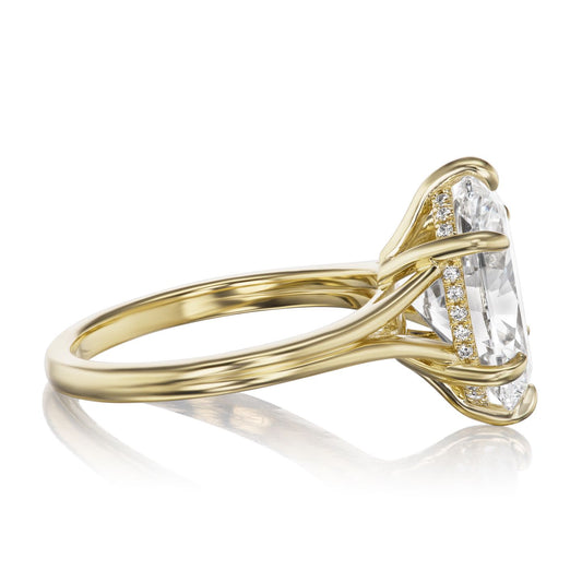 ::color_yellow ::| 4ct oval lab-grown diamond ring yellow gold split shank with hidden diamond halo side view