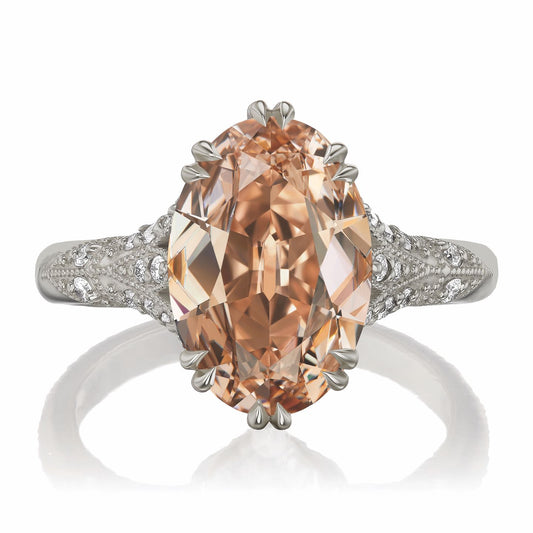 ::color_white ::| Florence Edwardian styled 4ct old mine cut champagne, light-brown lab-grown moval diamond engagement ring with milgrain and diamond accents in white gold front view