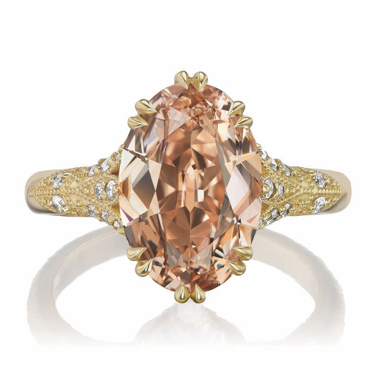 ::color_yellow ::| Florence Edwardian styled 4ct old mine cut champagne, light-brown lab-grown moval diamond engagement ring with milgrain and diamond accents in yellow gold front view