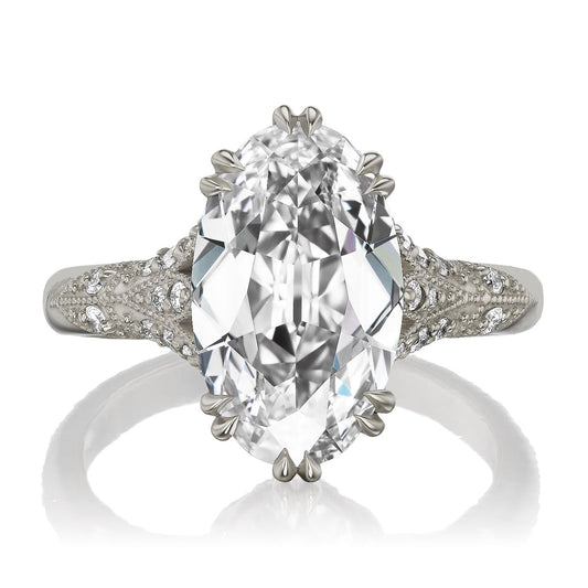 ::color_white ::| Florence Edwardian styled 4ct old mine cut lab-grown moval diamond engagement ring with milgrain and diamond accents in white gold front view